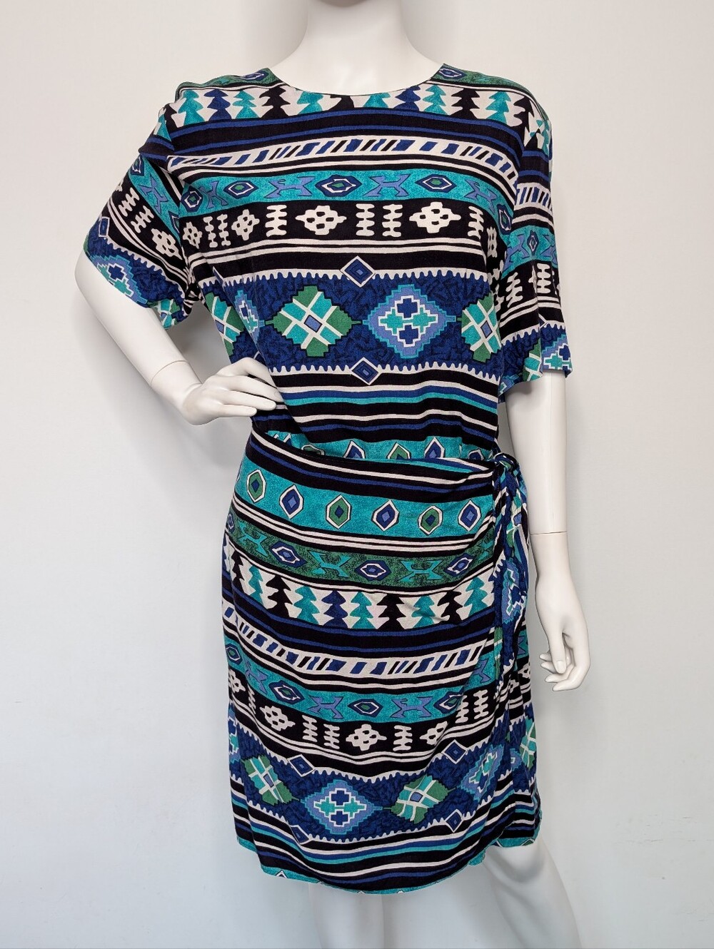 80s Teal, Black & Blue Southwestern Pattern Short Sleeve Wrap Bottom Midi Dress
